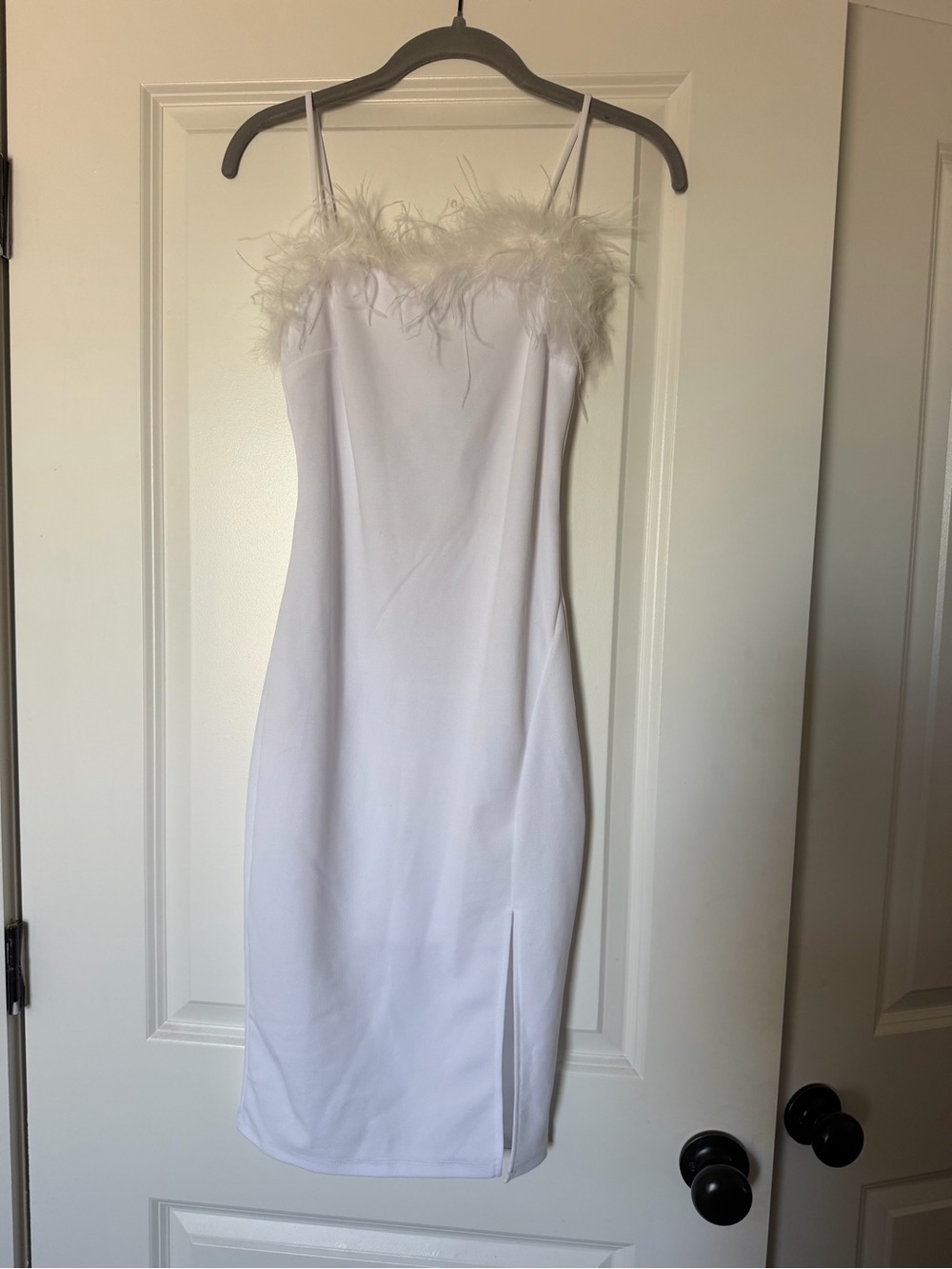 Feather-Trim White Midi Slip Dress
